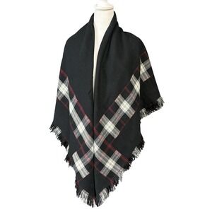 Wool Touch Scarf Womens One Size Black Plaid Square Fringe Shawl Wrap Cozy